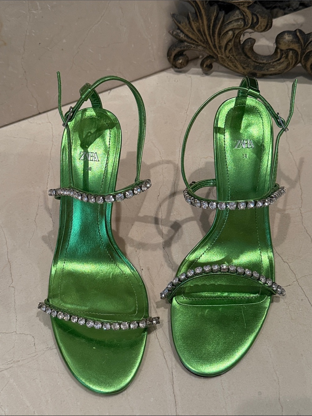 Zara Metallic Green Gem-Trim Strappy Heels